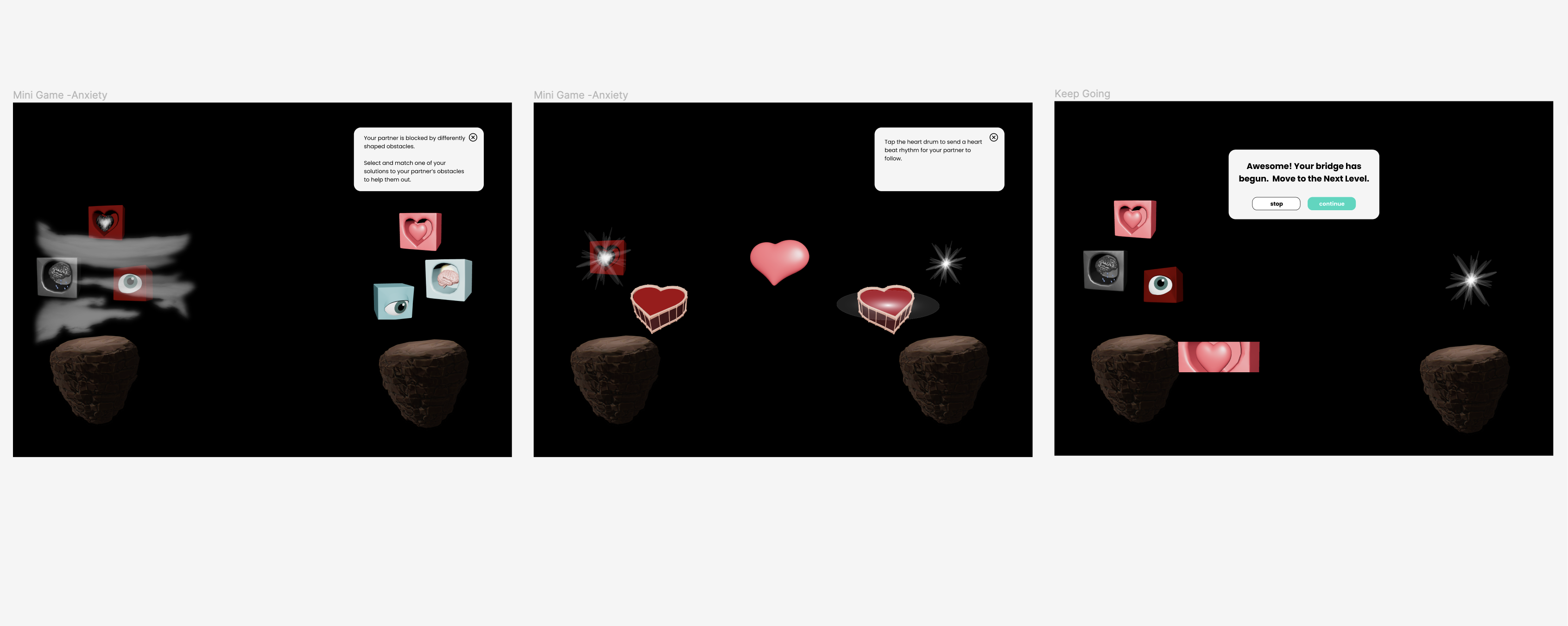 Anxiety mini-game screens with heart drums